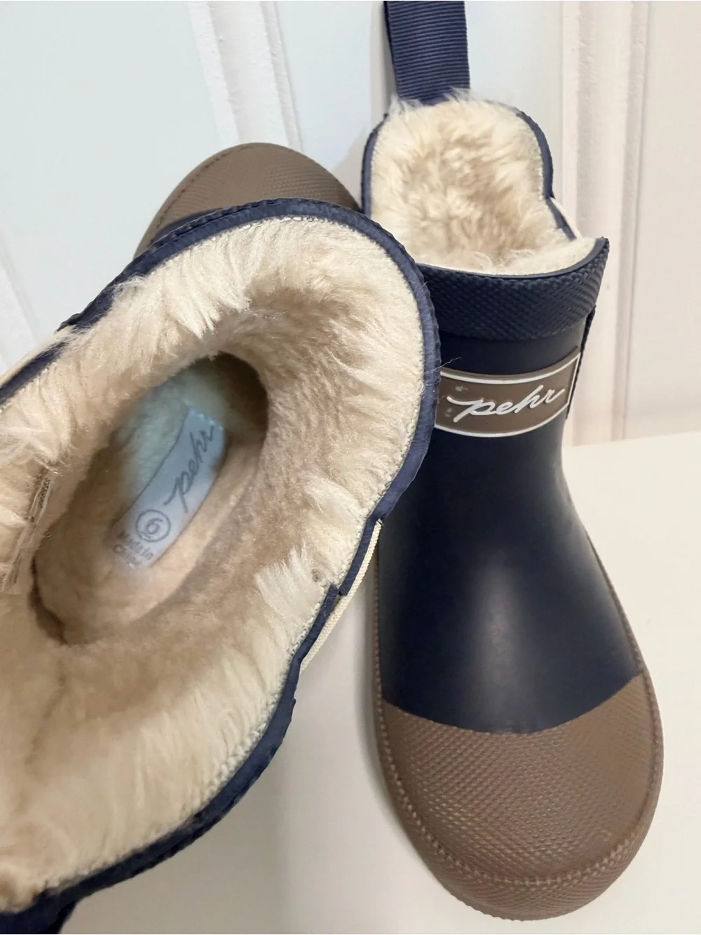 Pehr Kids Navy and Brown fur lined Waterproof Rain Boots